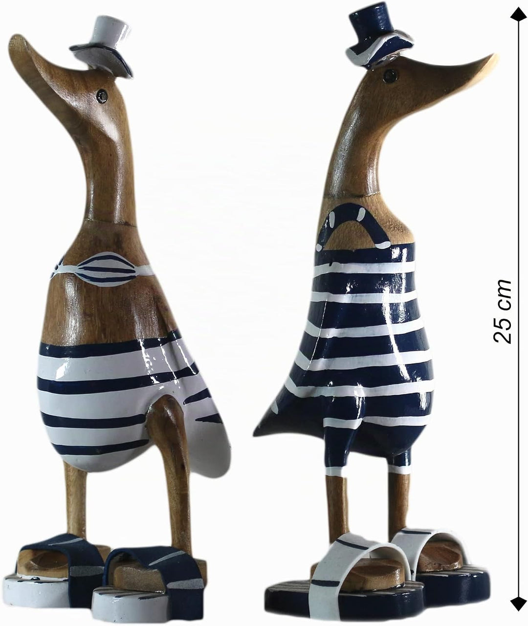 ART-CRAFT 2X Holz Ente Lauf Ente Gartendeko Figur aus Bambus Wurzel und Teak Holz blau Bikini Paar h