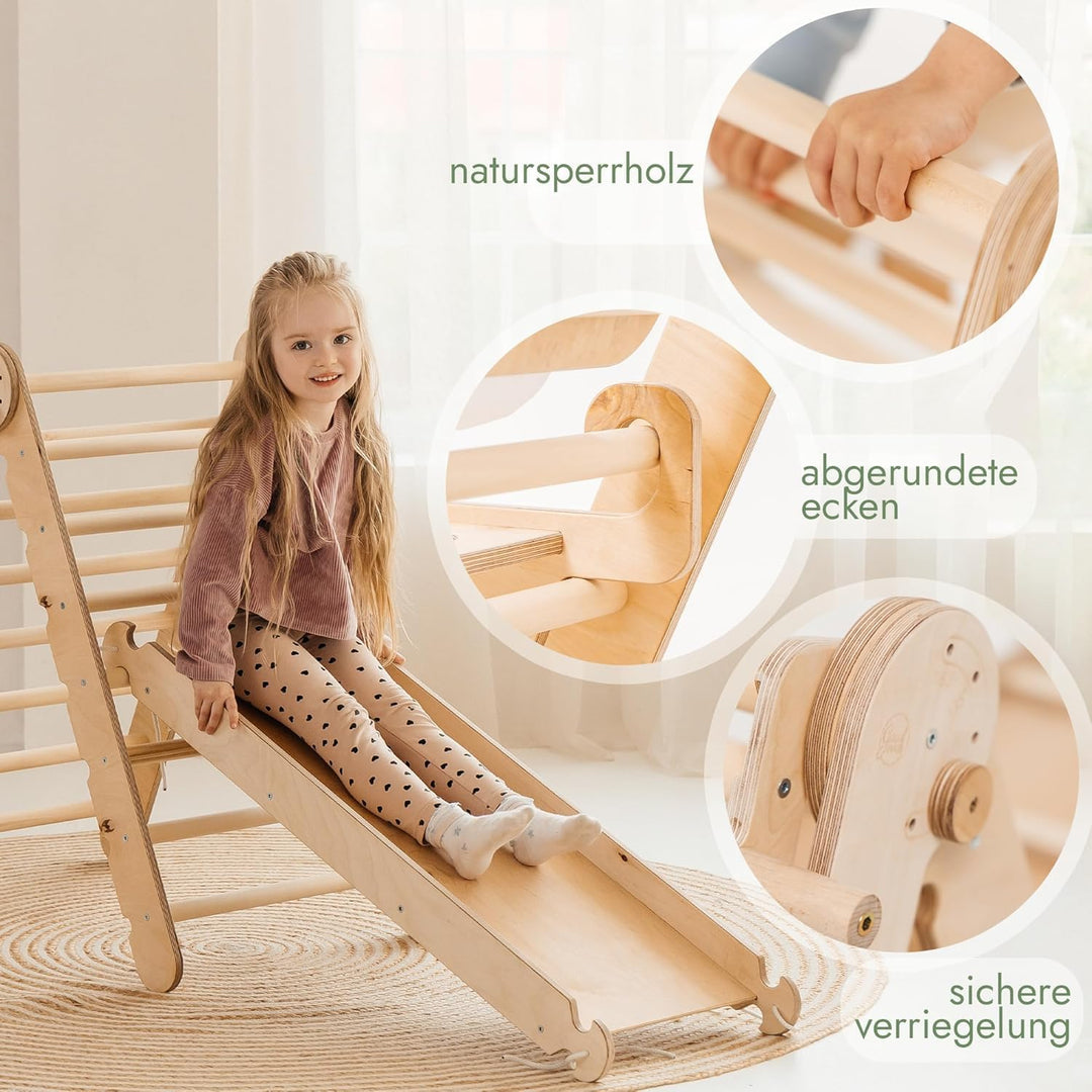 Goodevas Montessori Kletterdreieck Set | Klettergerüst Indoor Holz mit Dreiecksleiter, Bogen, Rampe,