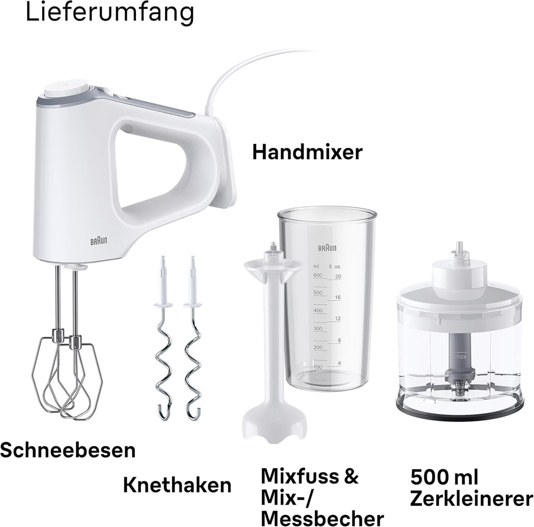 Braun MultiMix 3 - Handmixer mit 4 Zubehörteilen, 550 Watt, Weiss