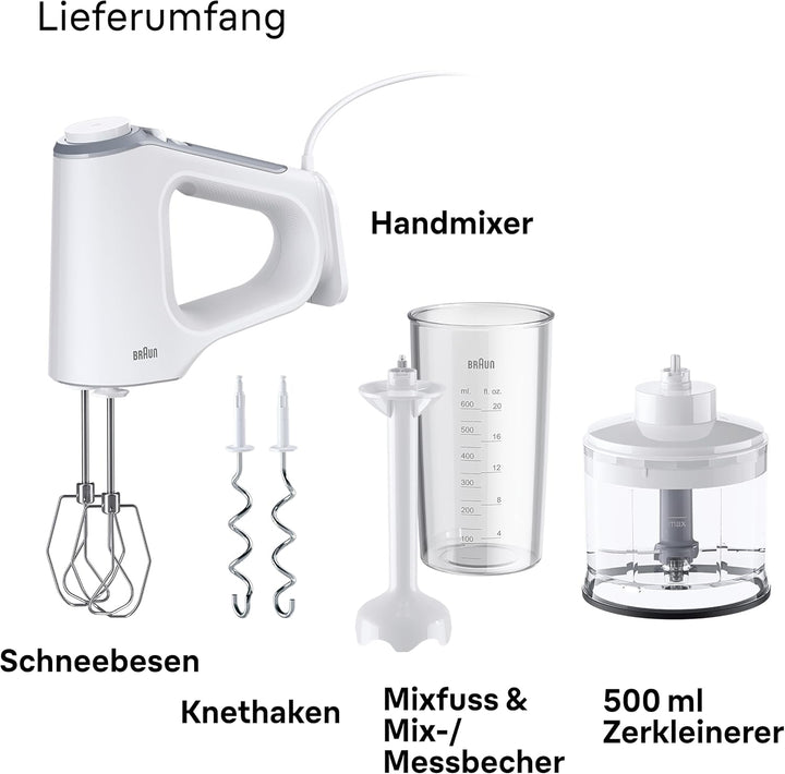 Braun MultiMix 3 - Handmixer mit 4 Zubehörteilen, 550 Watt, Weiss