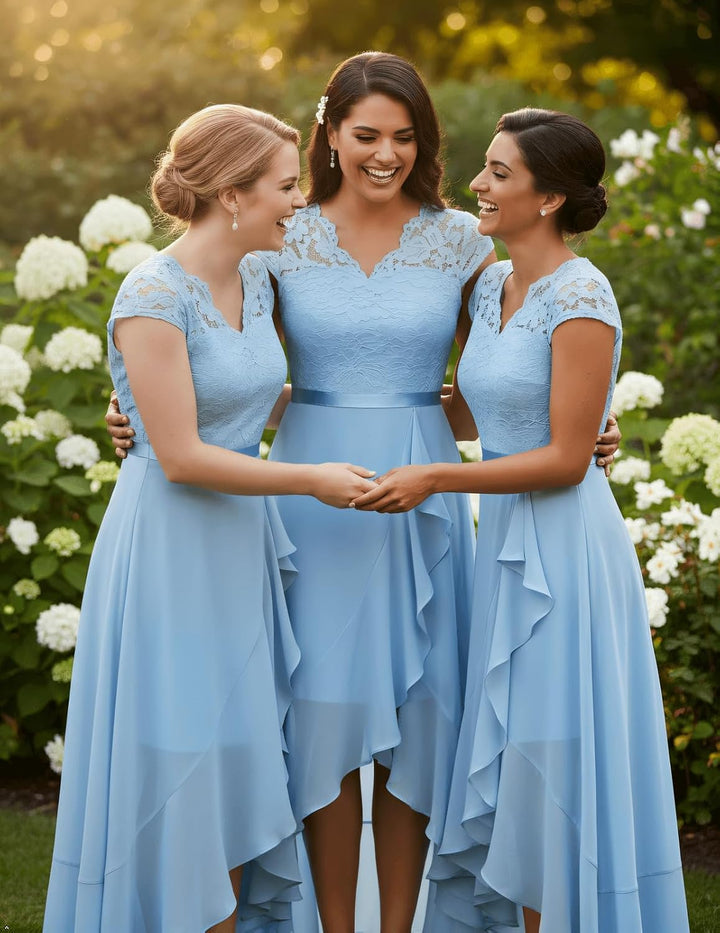 Bbonlinedress Abendkleider elegant für Hochzeit Spitzenkleid Chiffon Hi-Lo Kleid Brautjunferkleid Br