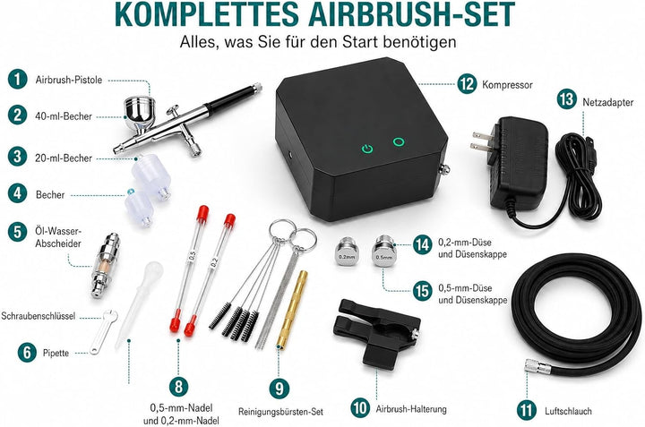 Airbrush Set 40 PSI Kompressor 0,2/0,3/0,5 mm Düsen Modellbau Torten