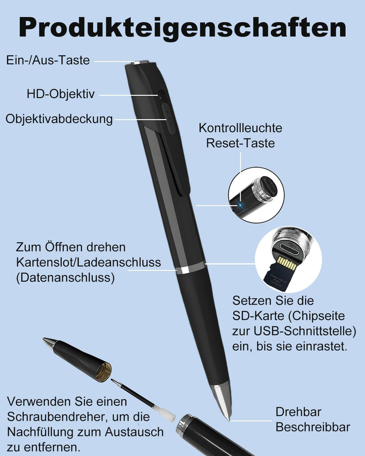 Bextgoo Mini Kamera, 1080P UHD 3-in-1 Mini Überwachungskamera, 32GB Speicherkarte, Tragbar Kugelschr