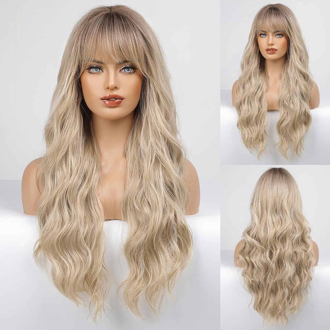 HAIRCUBE Ombre Blonde Perücke, lange lockige Perücke mit Pony, natürliche Erscheinung, hitzebeständi