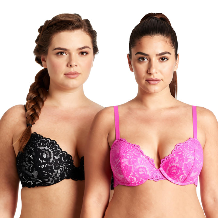 Curve Muse Damen Bügel Übergrössen +1,5 Tassen-BHS 100D Heisses Rosa,schwarz(2er Pack), 100D Heisses