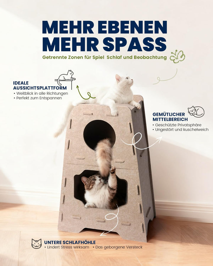 Katzenhöhle Filz Katzenhaus aus Filz für grosse Katzen, Katzen Höhle 3-Ebenen, Trapezform Stabiles K