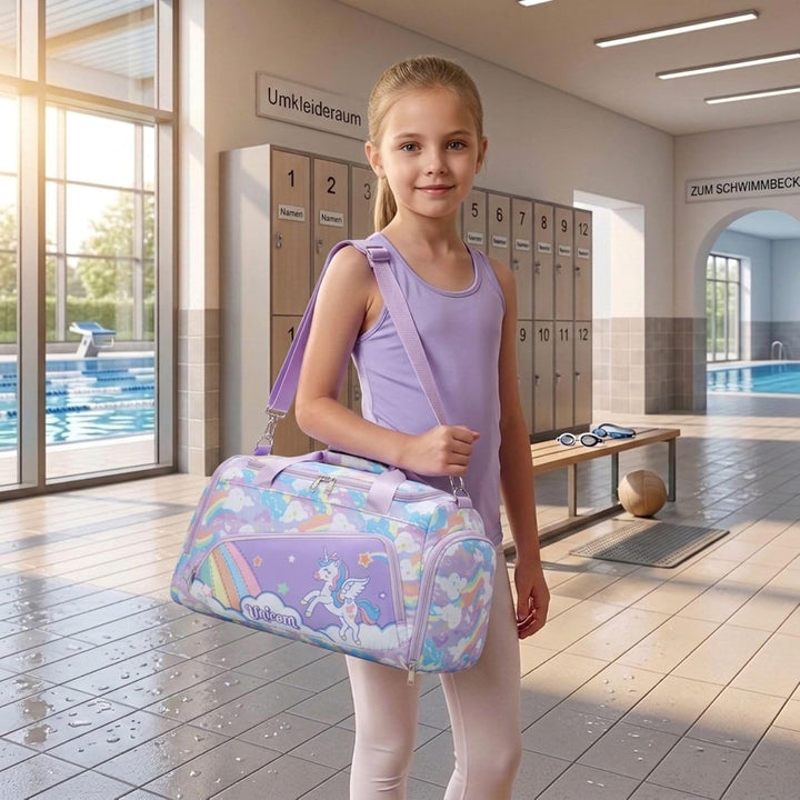 Suweir Kinder Sporttasche, Mädchen Reisetasche mit Schuhfach &amp; Nassfach Einhorn Regenbogen Lila, Ein
