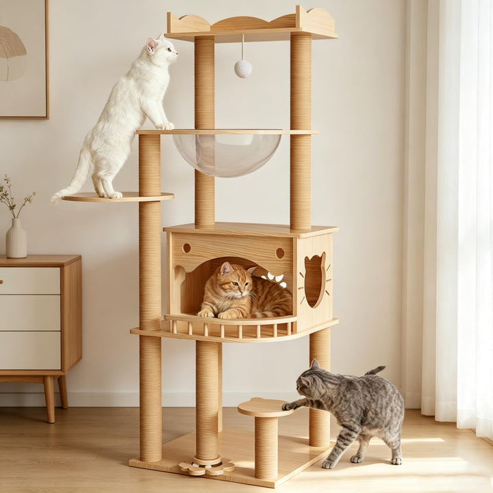 KVIDA Kratzbaum Holz 144 cm für grosse Katzen bis 15 kg, extra Stabiler Katzenbaum Holz, Dicke Massi