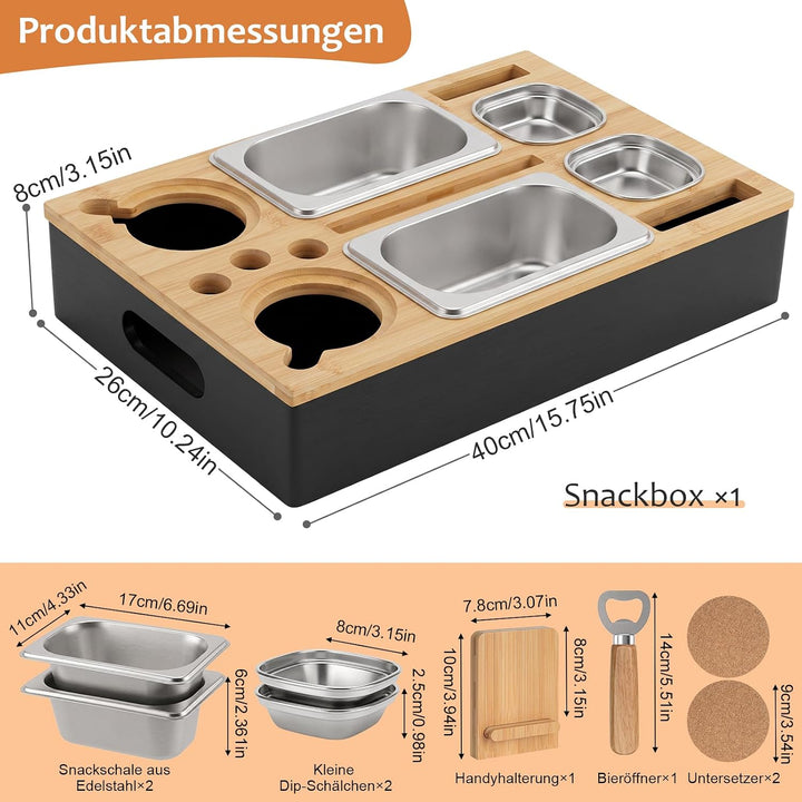 Couchbar Snackbox aus Bambus inkl. Geschenkbox, Sofa Tablett mit Snackschalen, Snack Organizer für S