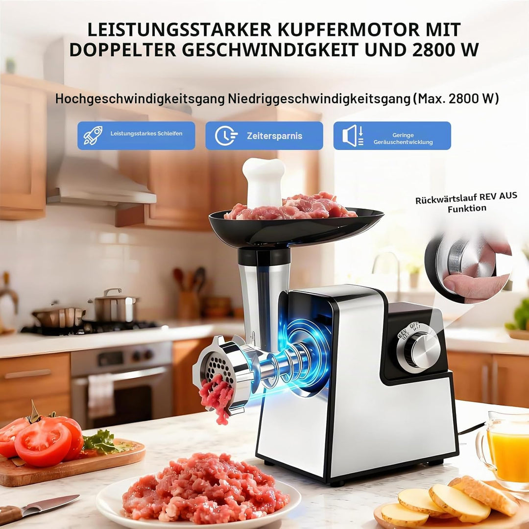 Elektrischer Fleischwolf,Wurstfüller,2800W Max Edelstahl-Elektro Fleischwolf&amp;Gemüse Zubehör,3 Mahlsc