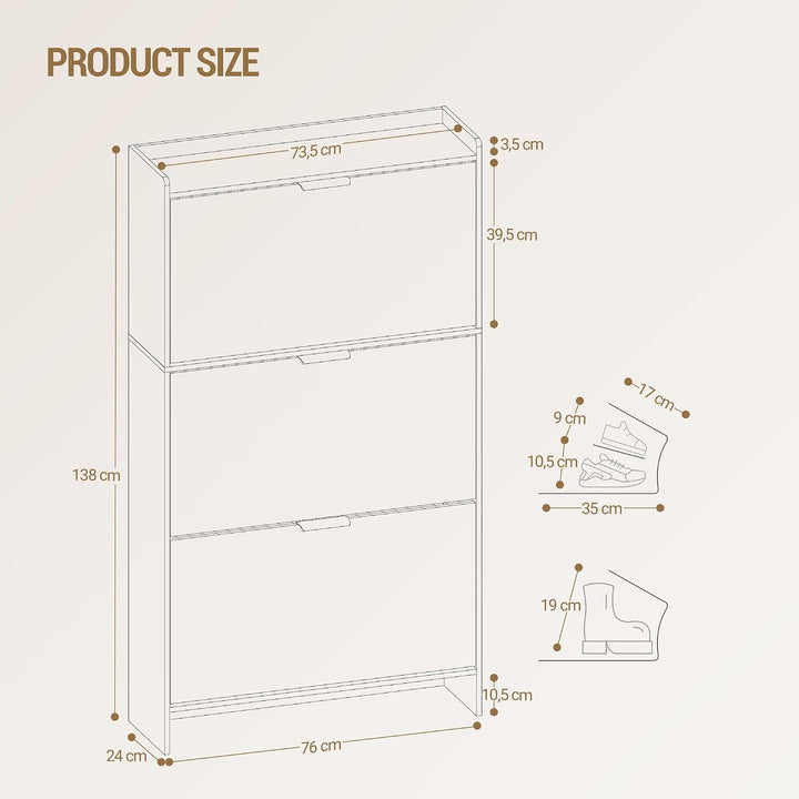 Hzuaneri Schuhschrank mit 3 Klappen, Schuhregal, Schuhkipper Schmal, Verstellbar, Schuhaufbewahrung,