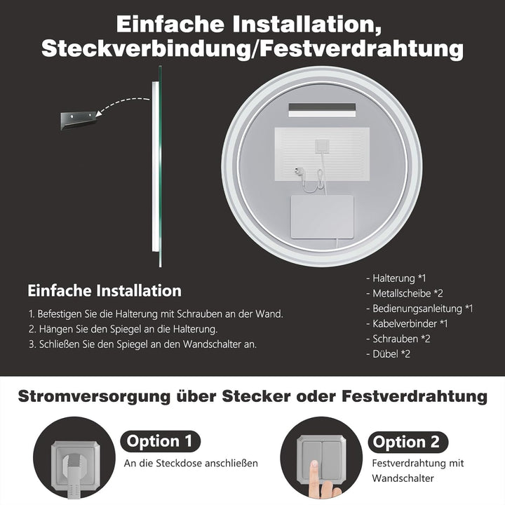60cm Runde LED Badezimmerspiegel mit Beleuchtung, Dimmbar &amp; 3 Farben – Front- &amp; Hintergrundbeleuchtu