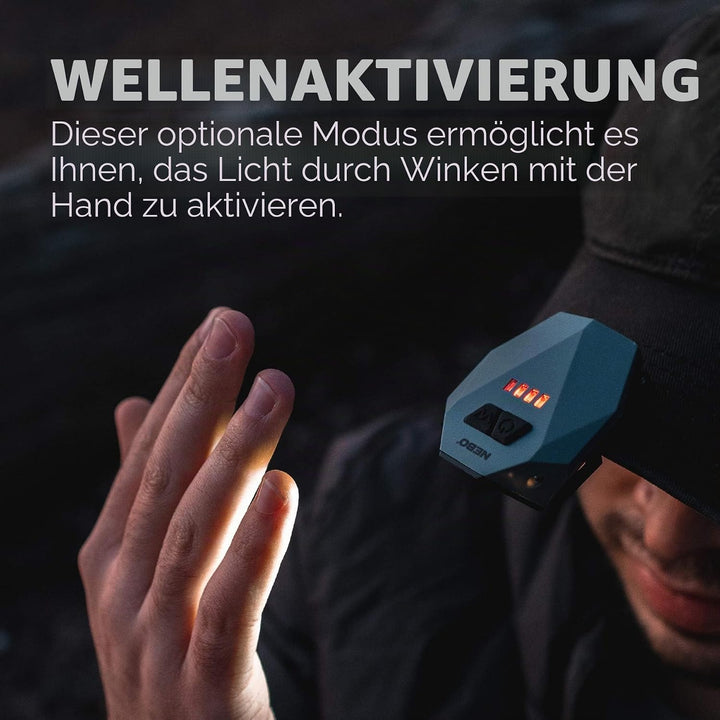 NEBO Einstein Cap Light Kopftaschenlampe - Wiederaufladbare Stirnlampe mit Wellenaktivierung - Für O