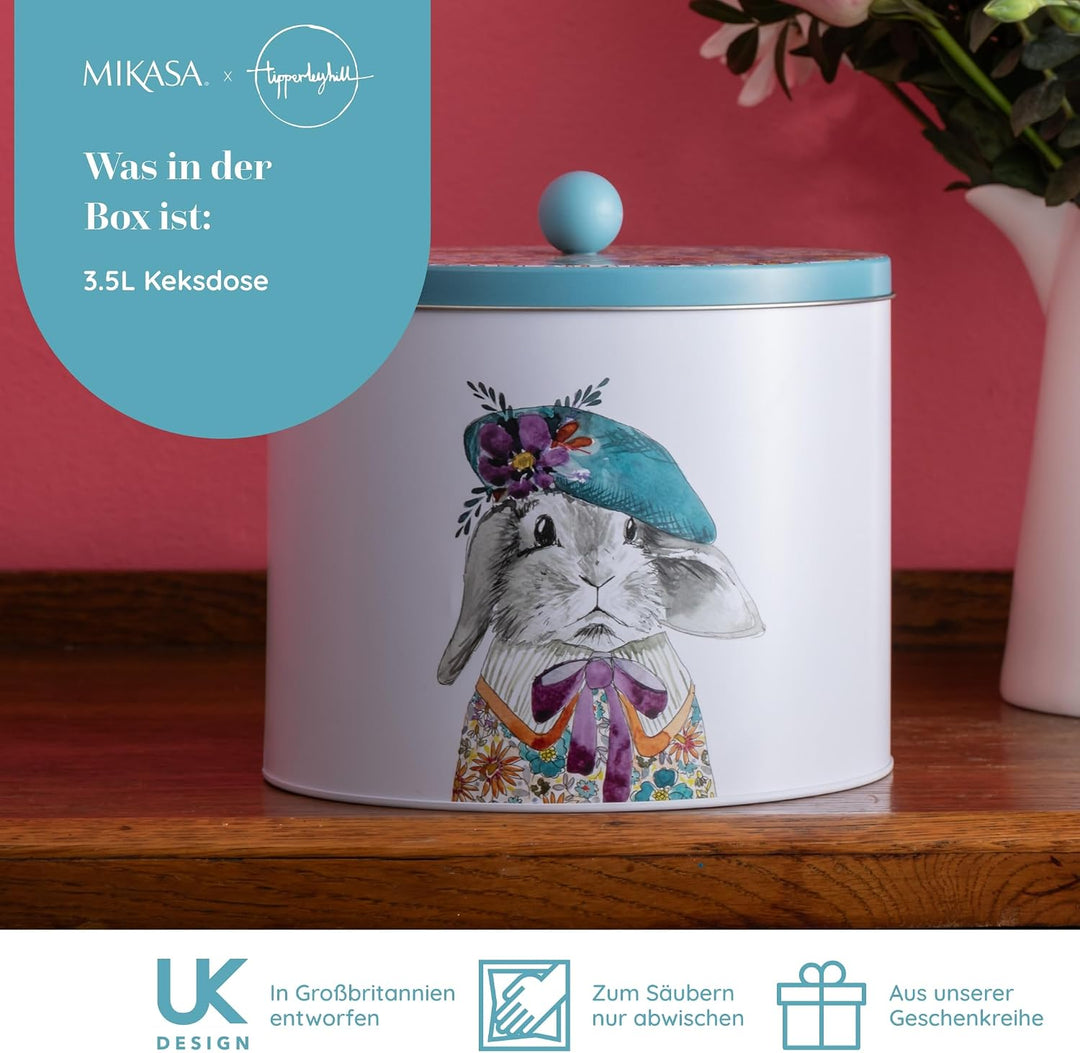 Mikasa Tipperleyhill Keksdose, rund, illustriertes Hasen-Design, dekorative Aufbewahrungsdose für Sn