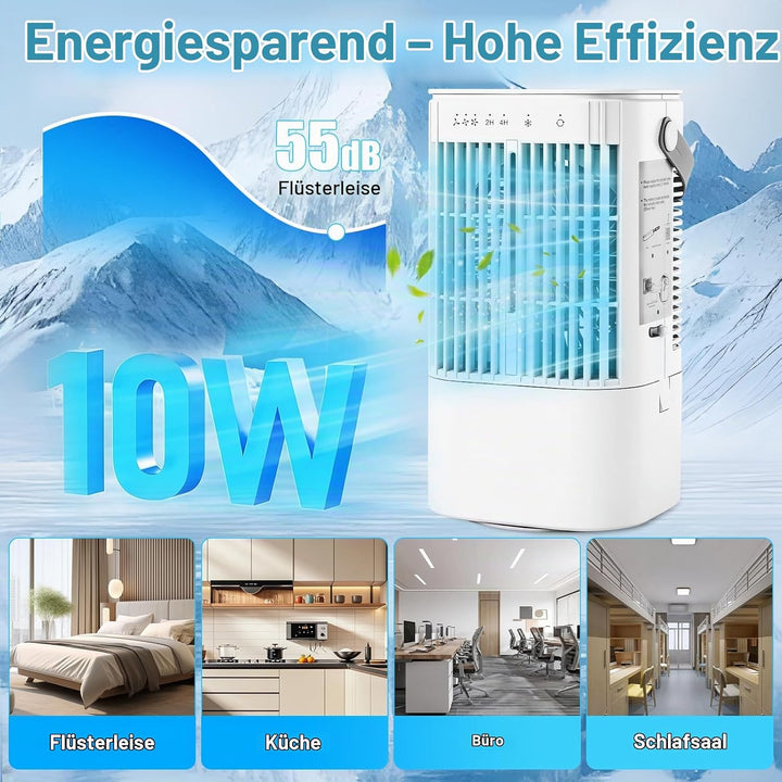 Mobile Klimaanlage mit 900ml Wassertank, Ventilator | 2/4 h Timer, 3 Windgeschwindigkeiten, Sprühfun