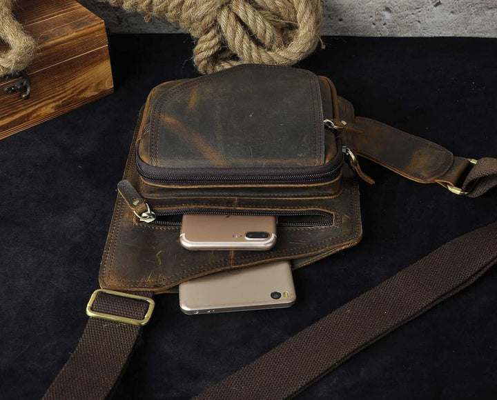 Le’aokuu Herren Echtes Leder Brusttasche Crossbody Bag Sling Bag Schultertasche Gurteltasche Umhänge