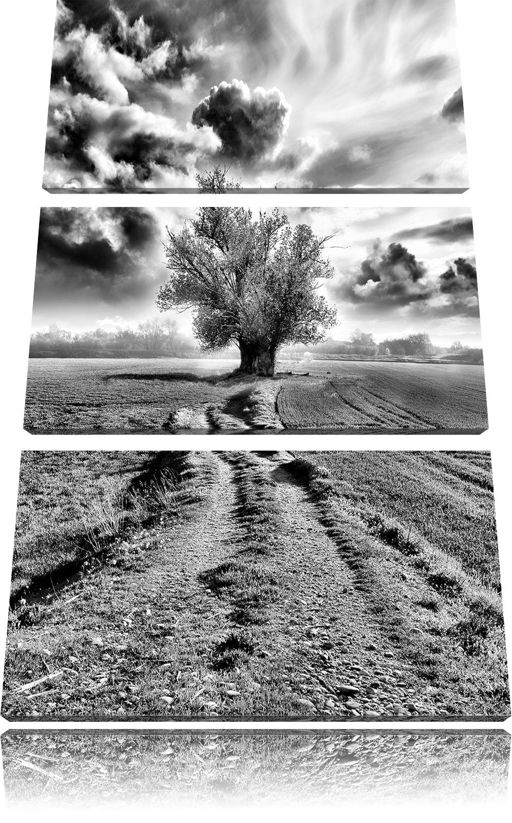 Pixxprint Pinkes Feld mit pinkem Baum als Leinwandbild/Grösse: 3 Teilig (120x80) cm/Wandbild/Kunstdr