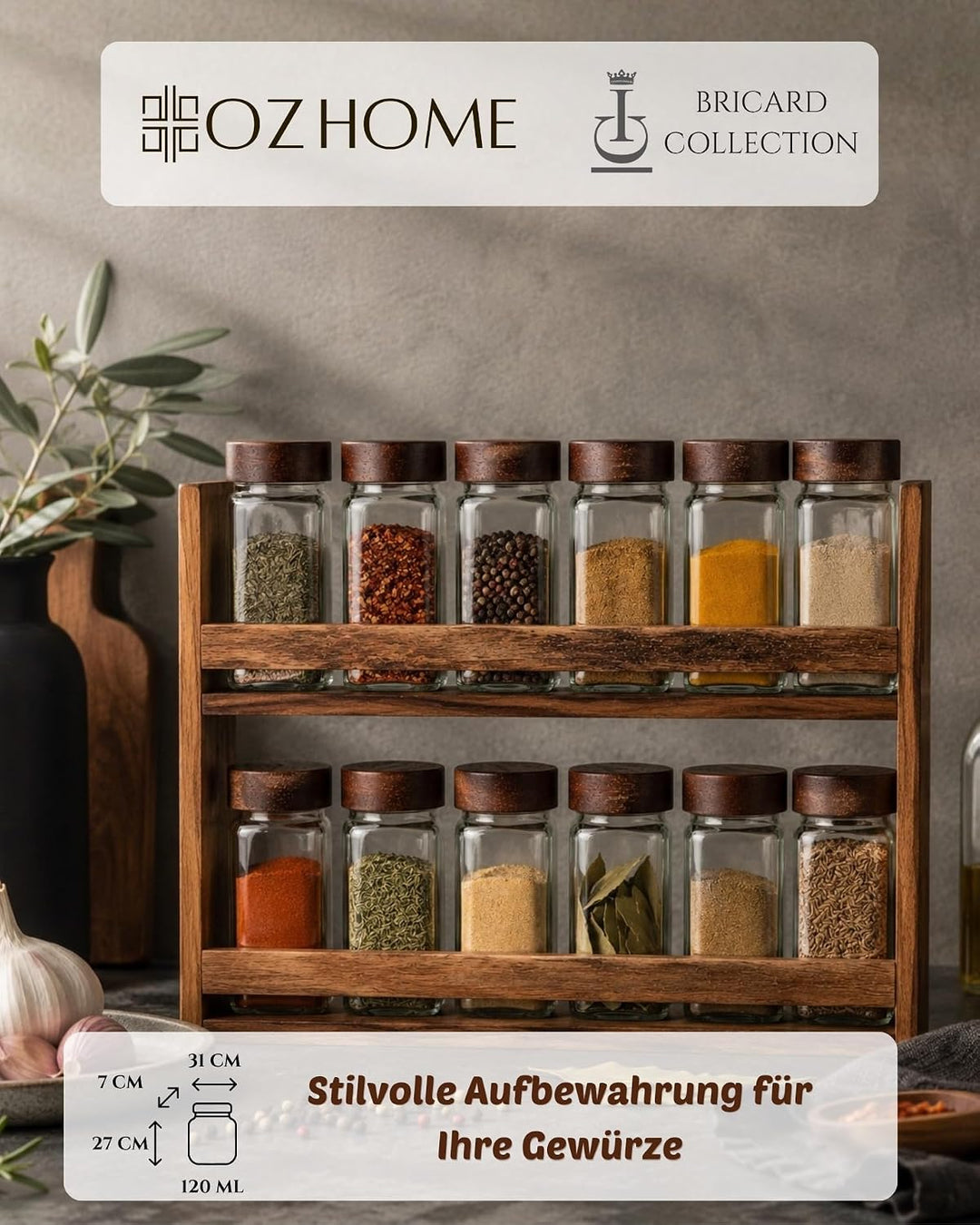 BRICARD Gewürzgläser Set 13-tlg., 12 x 120 ml, Holzdeckel, Akazienholzregal