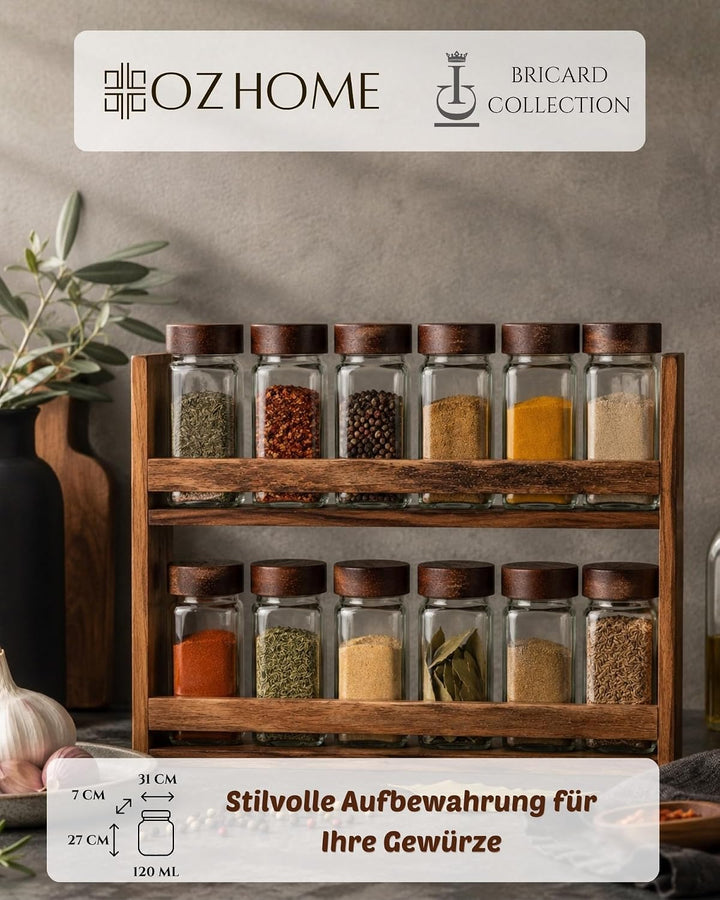 BRICARD Gewürzgläser Set 13-tlg., 12 x 120 ml, Holzdeckel, Akazienholzregal