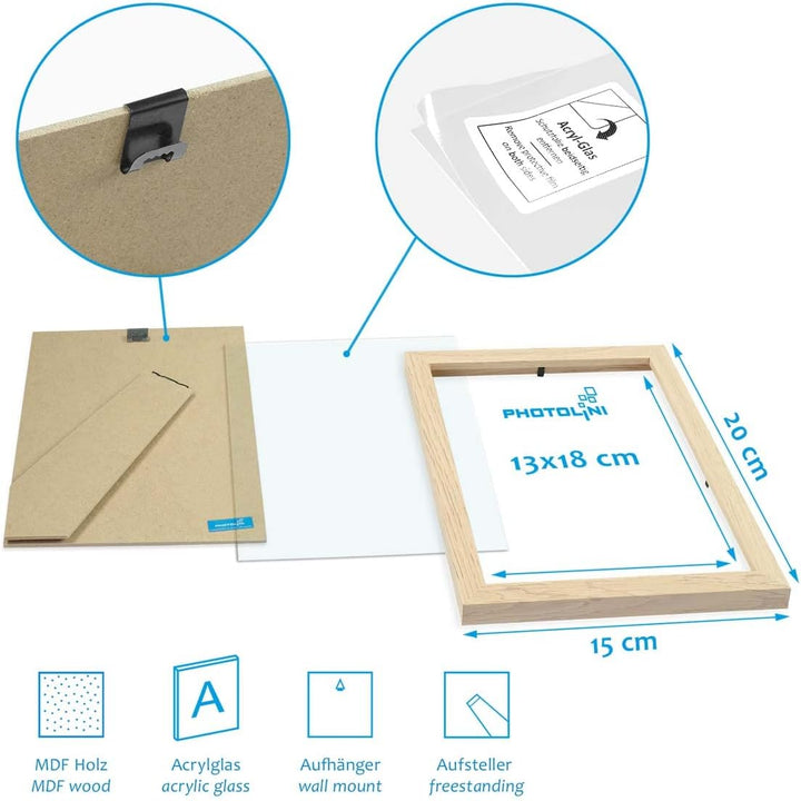 PHOTOLINI Bilderrahmen 13x18 Set Natur, 10x Bilderrahmen 13x18 Holz MDF, Fotorahmen 13 x 18 mit Acry