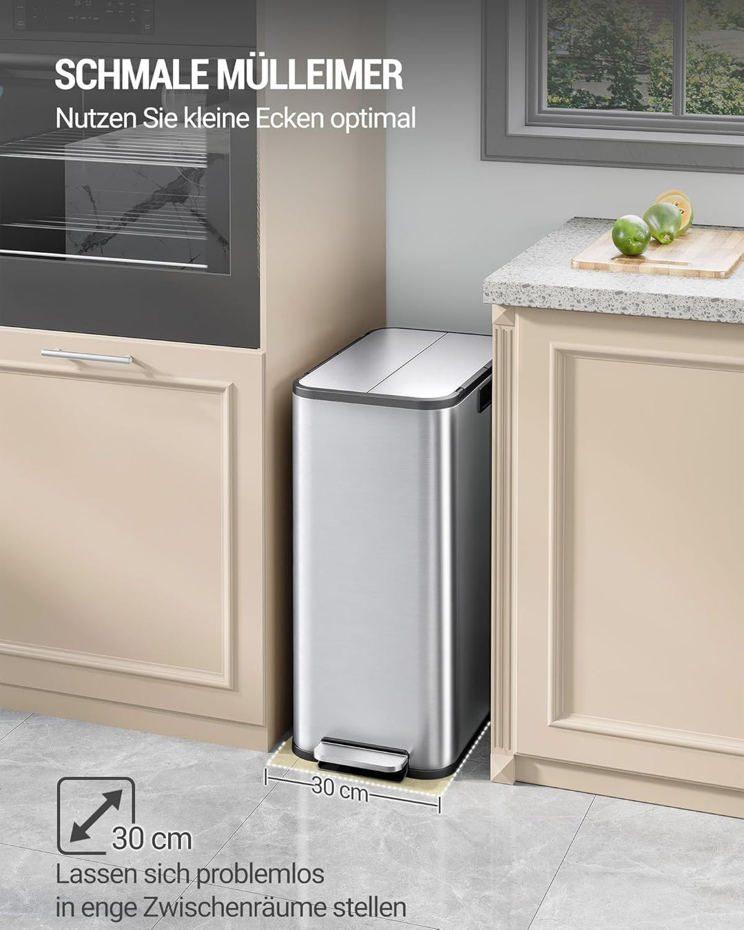 Hzuaneri Mülleimer Küche, 2 x 28 Liter Mülleimer Schmal, Mülltrennsystem mit Herausnehmbarem Innenei