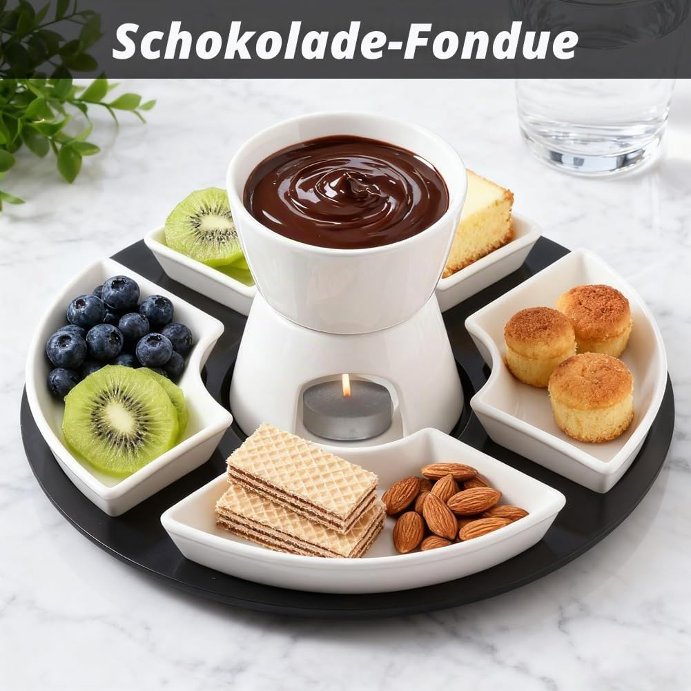 RANJIMA Schokoladen Fondue Set, Keramik Mini Schokofondue Käsefondue Fondue Set mit 4 Keramiktellern