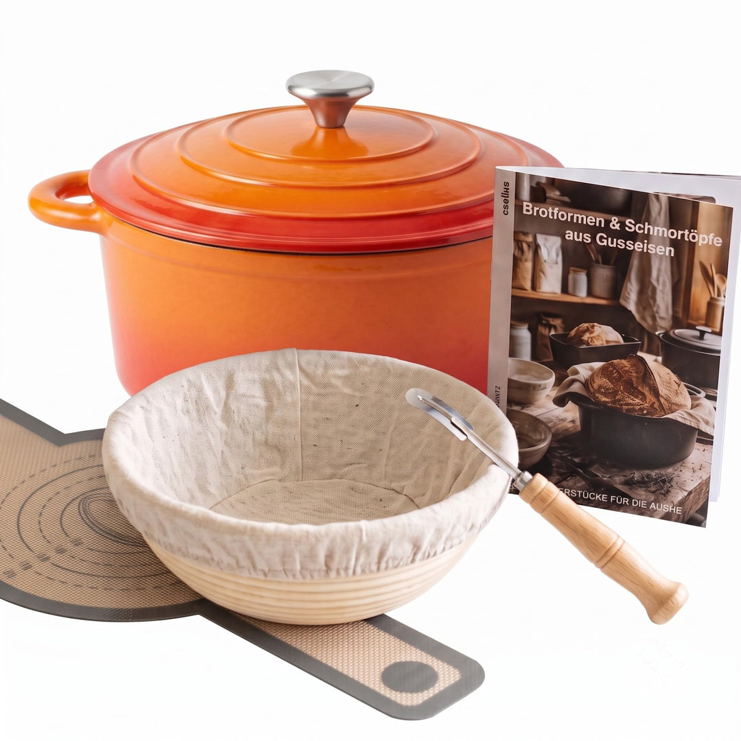 Brotback set Gusseisen Topf Brot Backen Zuhause | emallierter Brotbacktopf mit Gärkorb und Deckel |