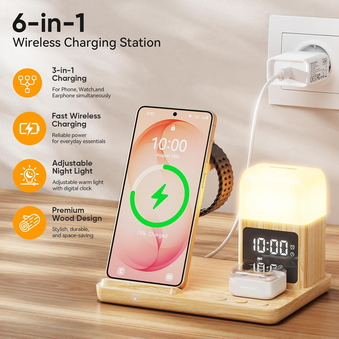 6 in1 Upgradierter Induktive Ladestation für Samsung mit Wecker &amp; 3-Farben-Licht | Wireless Charger