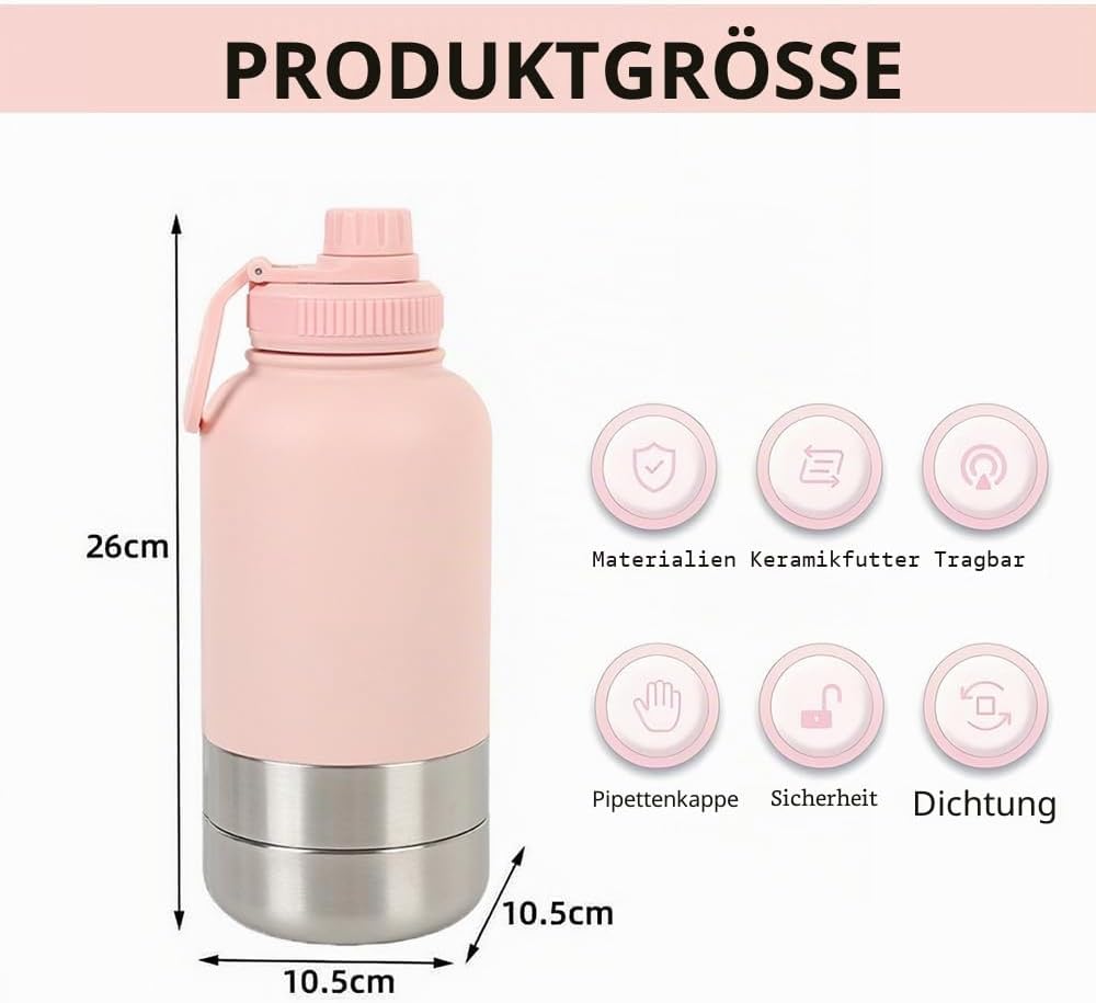 Pets Hundetrinkflasche für Unterwegs, 950ml Isolierte Edelstahl Trinkflasche Hunde mit Futterbehälte