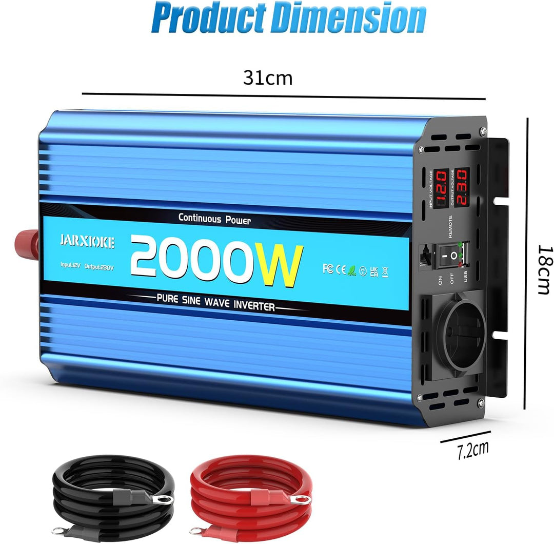 Wechselrichter 2000W Reiner Sinus Spannungswandler 12V auf 230V Power Inverter DC Umwandler mit 2 AC