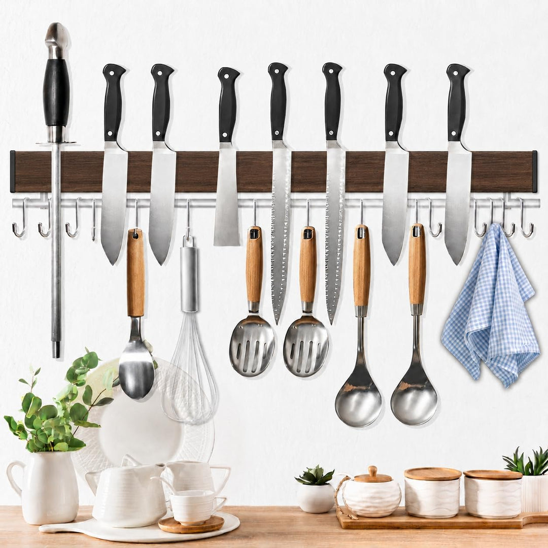 Dmore Magnetleiste Messer mit 15 Haken, 59cm Messerhalter magnetisch aus Edelstahl, Walnuss-Optik Ma