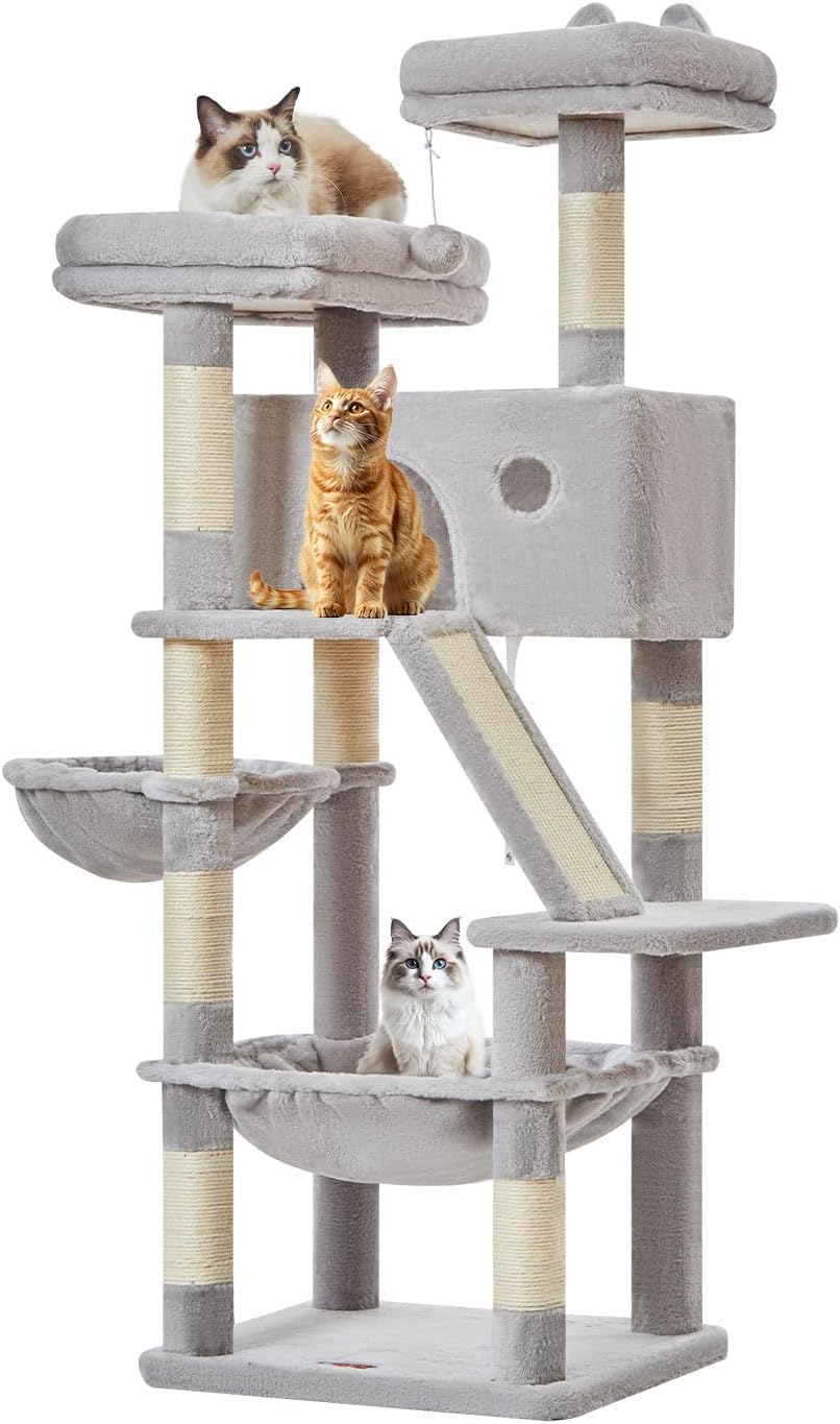 Taoqimiao 146CM Kratzbaum Gross, Katzenbaum Katzen Kratzbaum Grosse Katzen Stabil mit 2 Katzenhaus,