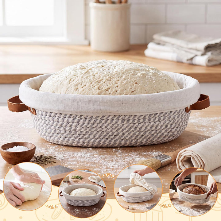 30cm Gärkörbchen Ovalen mit Liner &amp; Abdeckungen, Baumwollseil Gärkörbe Sauerteig Starter Set für Tei