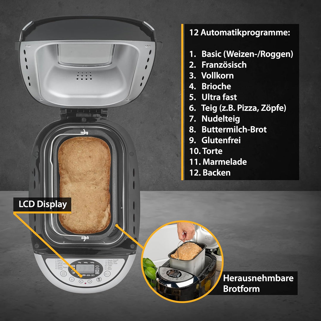TZS First Austria Brotbackautomat mit 12 Automatikprogrammen, 700g-1000g-1250g Füllmenge, Timer, ein