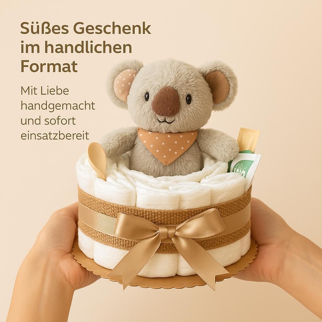 Windeltorte Mädchen &amp; Junge mit Koala Greifling, Boho Vintage Handmade Beige - Boho Koala, Beige - B