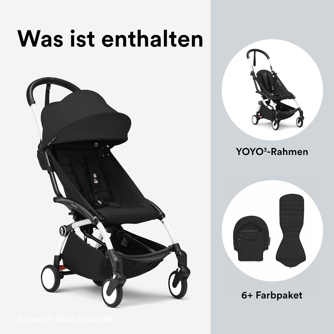 Stokke YOYO3 Kinderwagen ab 6 Monaten - Inklusive weissem Rahmen, Schwarzem Sitzkissen + Verdeck - B