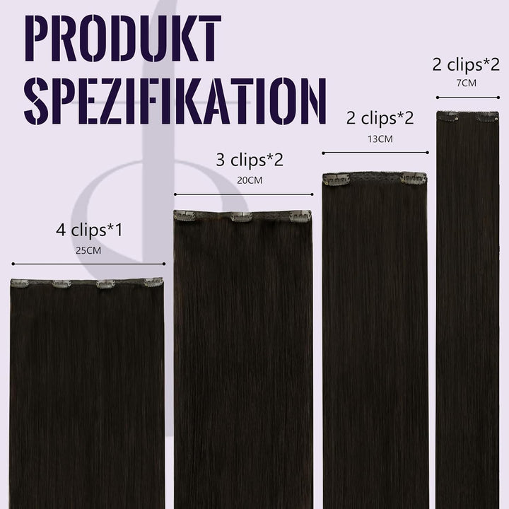 Fshine Echthaar Extensions Clip 45cm Dunkelstes Braun 120 Gramm Doppelt Tressen Haarverlängerung Rem