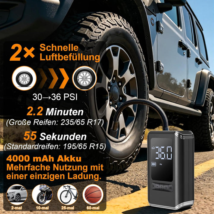 Elektrische Luftpumpe, 150PSI Akku Kompressor mit LED Licht und Auto Stopp