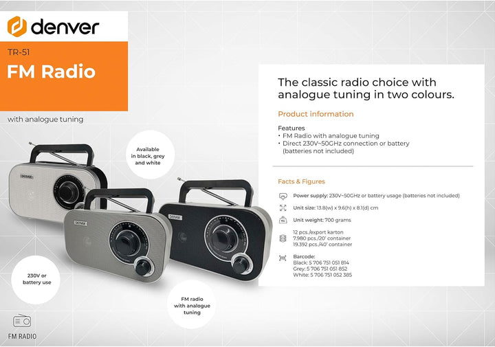 Denver TR-51 UKW-Radio mit analogem Tuning, Schwarz