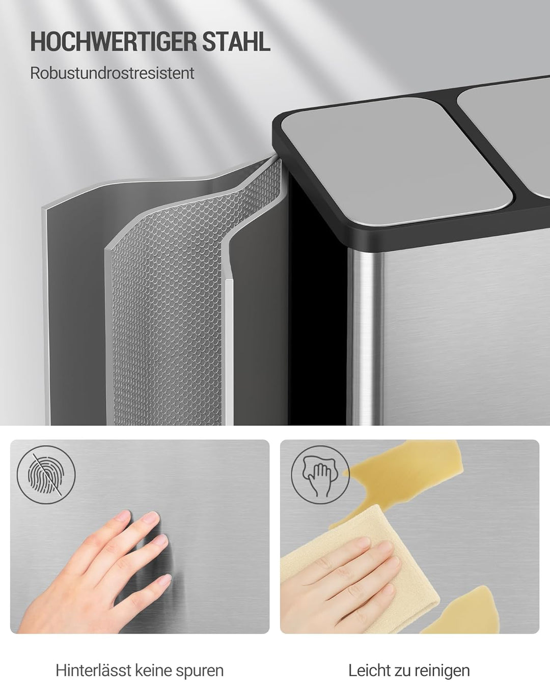 Hzuaneri Mülleimer Küche, Mülltrennsystem 3 Fächer 45L (3 x 15 L), Edelstahl-küchenmülleimer, Tretmü