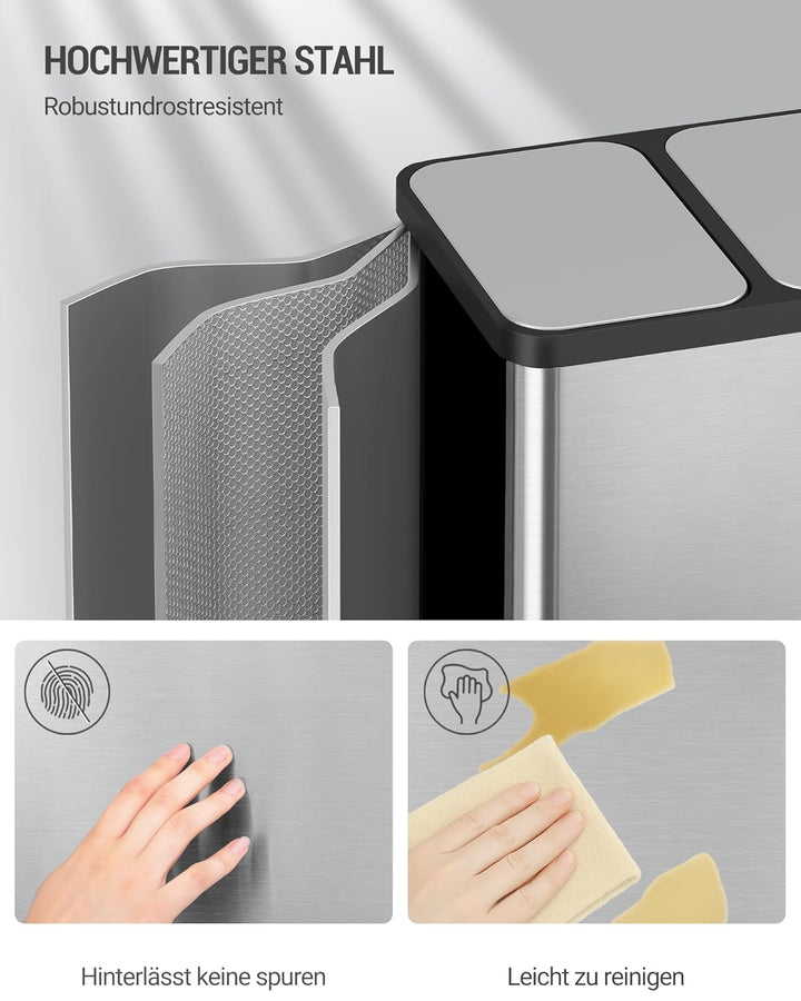 Hzuaneri Mülleimer Küche, Mülltrennsystem 3 Fächer 45L (3 x 15 L), Edelstahl-küchenmülleimer, Tretmü