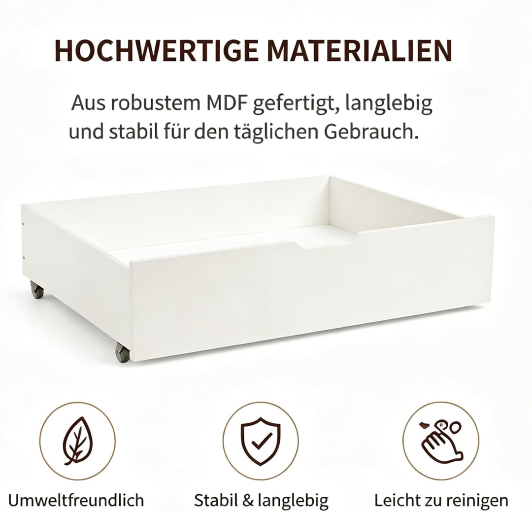 2er-Set Bettkästen mit Rollen und Grossem Stauraum Unterbettkommode aus MDF für Bett Weiss Aufbewahr