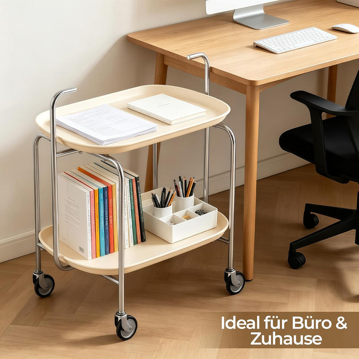 Servierwagen mit 2 Ablageebenen, 65x40x70 cm, Beige Runder Servierwagen mit Rollen, Runder Servierwa