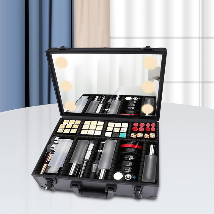 Make-up Koffer mit Lichtern und Spiegel | Grosser Organizer mit individuellen Trennwänden | Tragbare