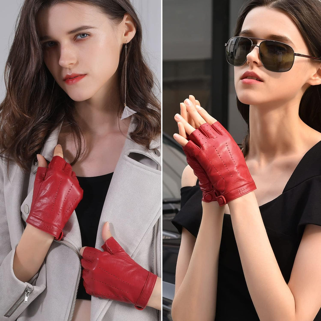 GSG SINCE 1998 Halbfinger Lederhandschuhe Damen – Fingerlose Fahrhandschuhe aus weichem Schafsleder,