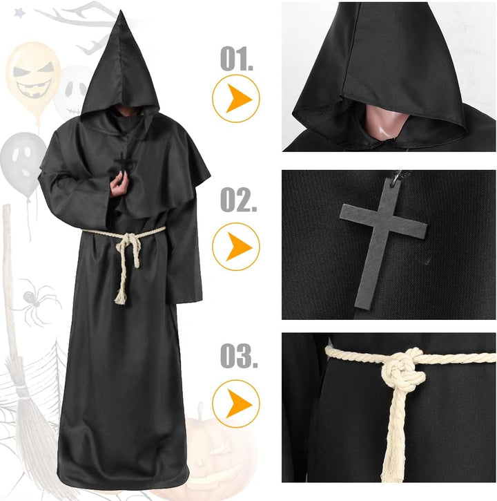 Wishstar Mönch Robe, XL Mittelalterliche Renaissance Robe, Kostüm Mönch mit Kapuze und Kordel, Schwa