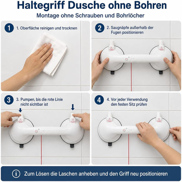 Magicbox Haltegriff Dusche ohne Bohren mit akustischem Alarm, 36,5 cm Haltegriff mit Saugnapf und na