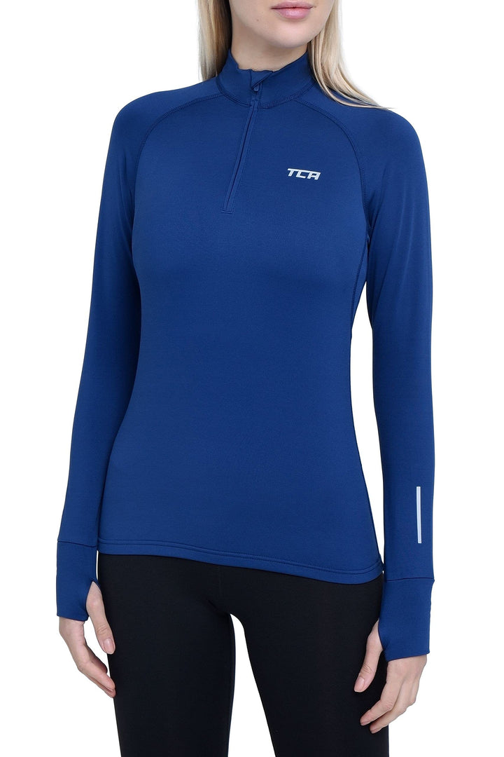 TCA Damen Winter Running Langarm Laufshirt mit Brustreissverschluss XS Blau, XS Blau