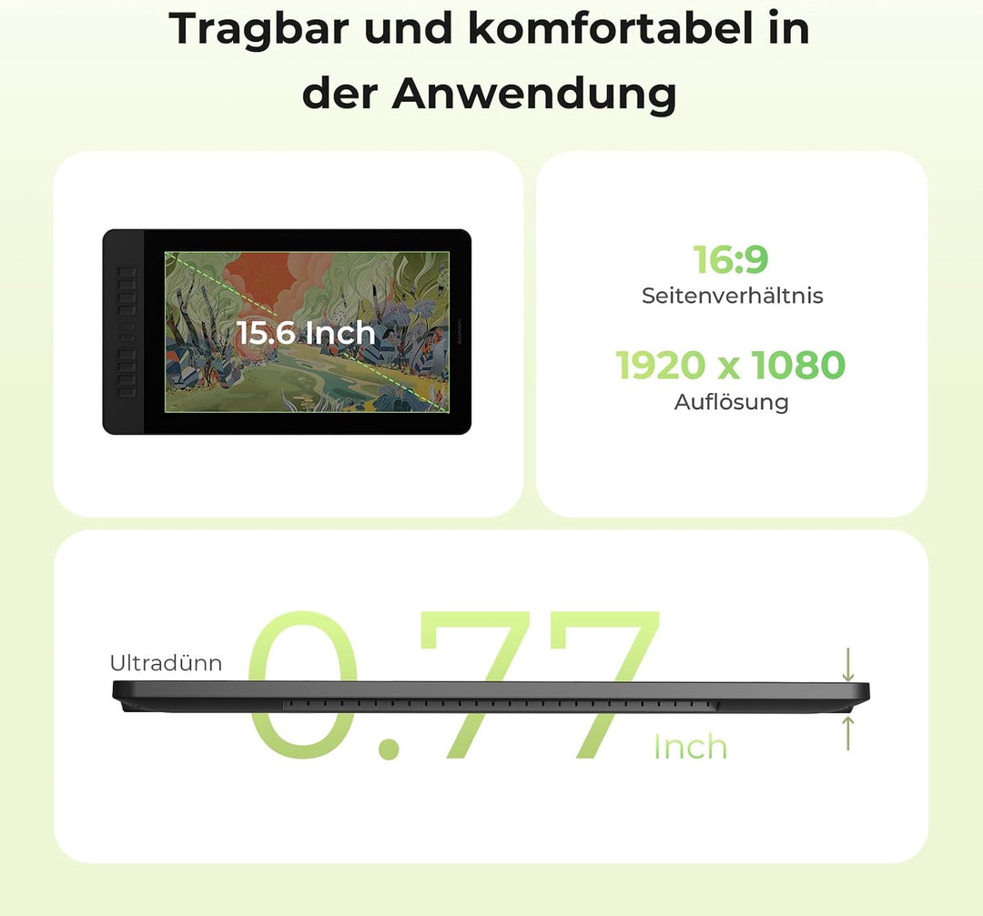 GAOMON PD1561 V2 Zeichentablett mit 15,6-Zoll Bildschirm 16.384 Druckstufen, 99 % sRGB, Delta E＜1,5.