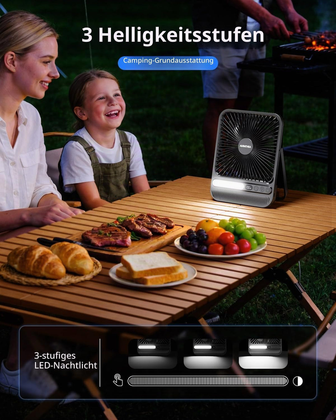 10000mAh USB Ventilator, Ultraflach Tragbarer Tischventilator, Akku Camping Ventilator mit LED-Licht